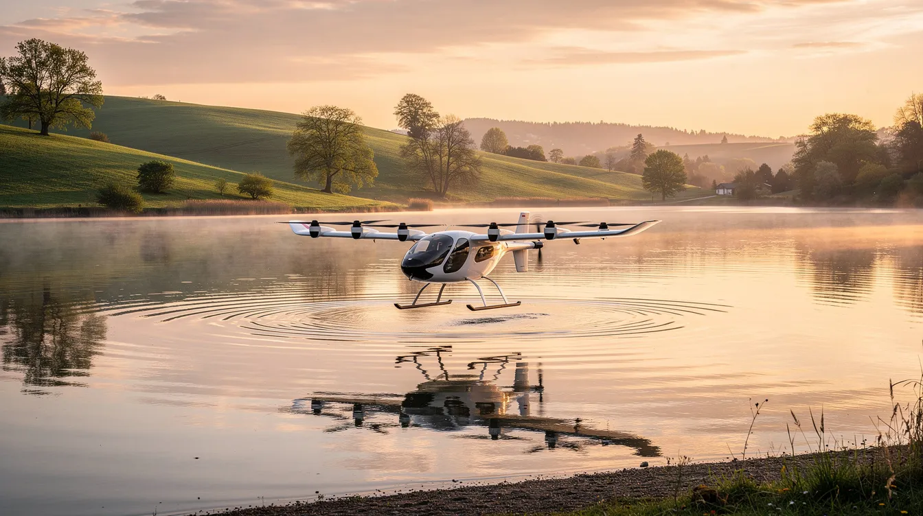 A lightweight personal electric aircraft, resembling a single seat ultralight drone, hovers low over a calm lake surrounded by lush green hills during the golden hour. This innovative model, known as the Jetson One, features eight electric motors and offers a thrilling personal flight experience for those seeking air mobility.