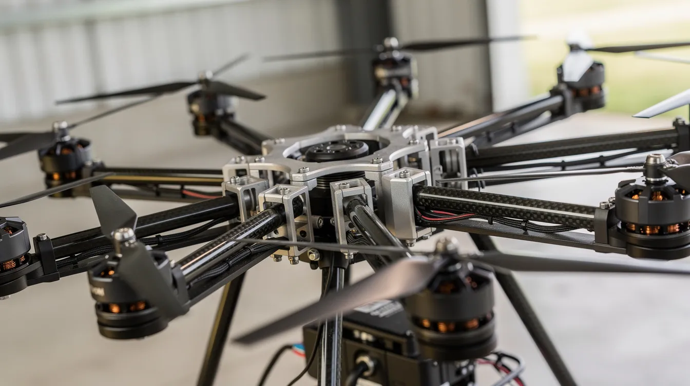 The image features a close-up view of multiple small electric propellers and eight electric motors mounted on a lightweight personal aircraft frame, resembling a single seat ultralight flying car. This personal aircraft, part of the Jetson One range, showcases advanced drone technology designed for individual flight and rapid deployment, emphasizing safety and efficiency in air mobility.