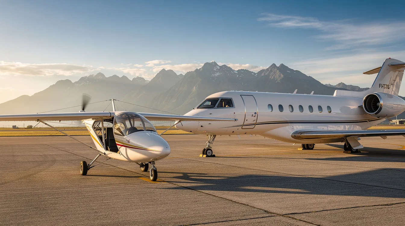 A small ultralight aircraft is parked beside a sleek private jet on a sunlit tarmac, with majestic mountains in the background, capturing the essence of ultralight aviation and adventure. The scene highlights the contrast between the compact ultralight vehicle and the larger jet, emphasizing the freedom and efficiency of flying ultralights.