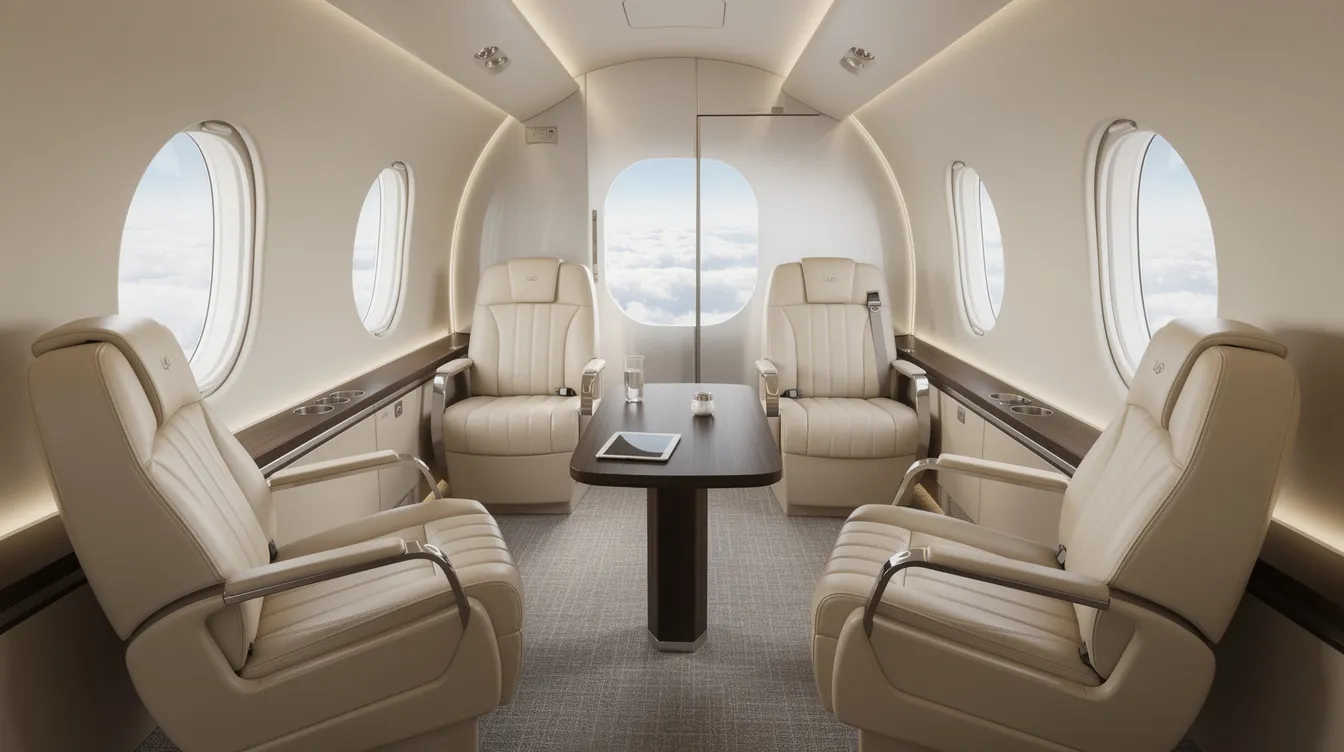The image depicts the interior of a luxurious modern private jet cabin, featuring plush leather seats and large windows that reveal a view of fluffy clouds against a bright blue sky. This elegant space reflects the sophistication of ultralight aviation, offering a comfortable environment for pilots and passengers alike during their journeys.