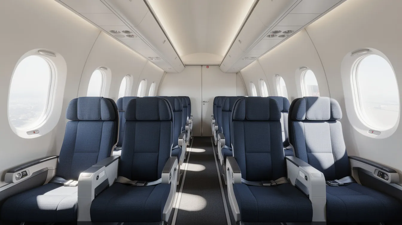 The image shows the interior of a modern regional jet cabin, featuring rows of seats arranged in a two-by-two configuration with an aisle down the center. The cabin includes both first class seats and main cabin seats, equipped with adjustable headrests and power outlets, providing a comfortable space for passengers during mid-range flights.