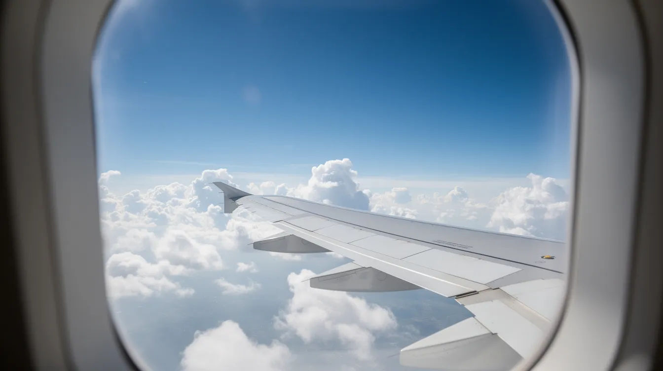 The image shows a view from a window seat of an aircraft, featuring a wing extending into a bright blue sky dotted with fluffy, scattered clouds. This perspective highlights the cruising altitude of the plane, offering a serene glimpse into the vastness of the sky.