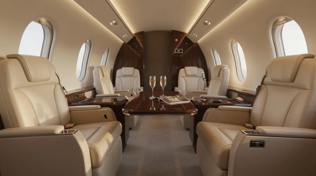 The image depicts the interior of a luxurious private jet cabin featuring cream leather seats, polished wood tables, and soft ambient lighting, designed for passenger comfort and an elegant flying experience. This modern cabin space showcases the high-end features typically found in next-generation aircraft, enhancing overall travel efficiency and style.