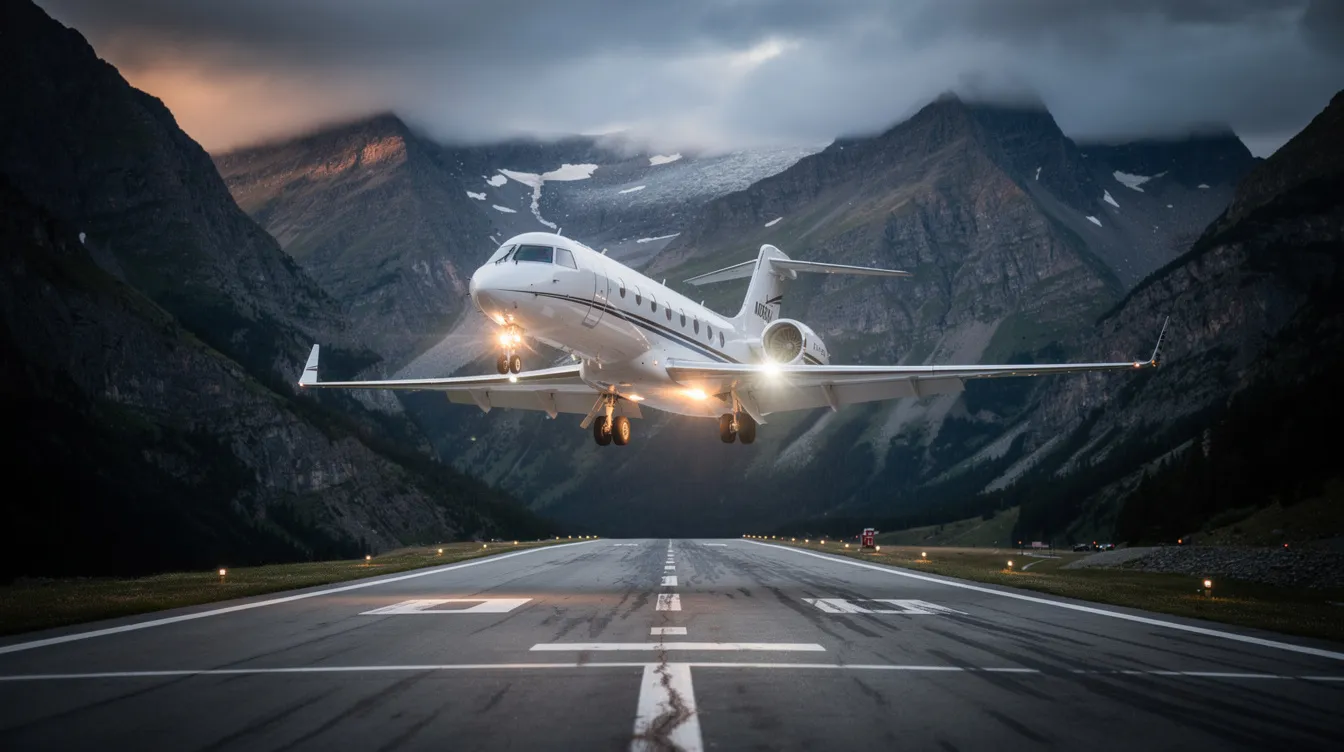 A small private jet is landing on a short runway surrounded by majestic mountains, showcasing its sleek design and efficient performance. The aircraft's modern features and compact size highlight its ability to provide passenger comfort while maintaining fuel efficiency.