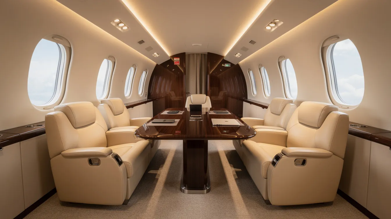The image depicts a luxurious aircraft interior featuring plush leather club seating arranged around a polished wood conference table, complemented by soft ambient lighting and large windows that offer a view of the sky. This elegant design reflects the comfort and advanced technology often found in a Boeing business jet, ideal for both corporate travel and leisure.