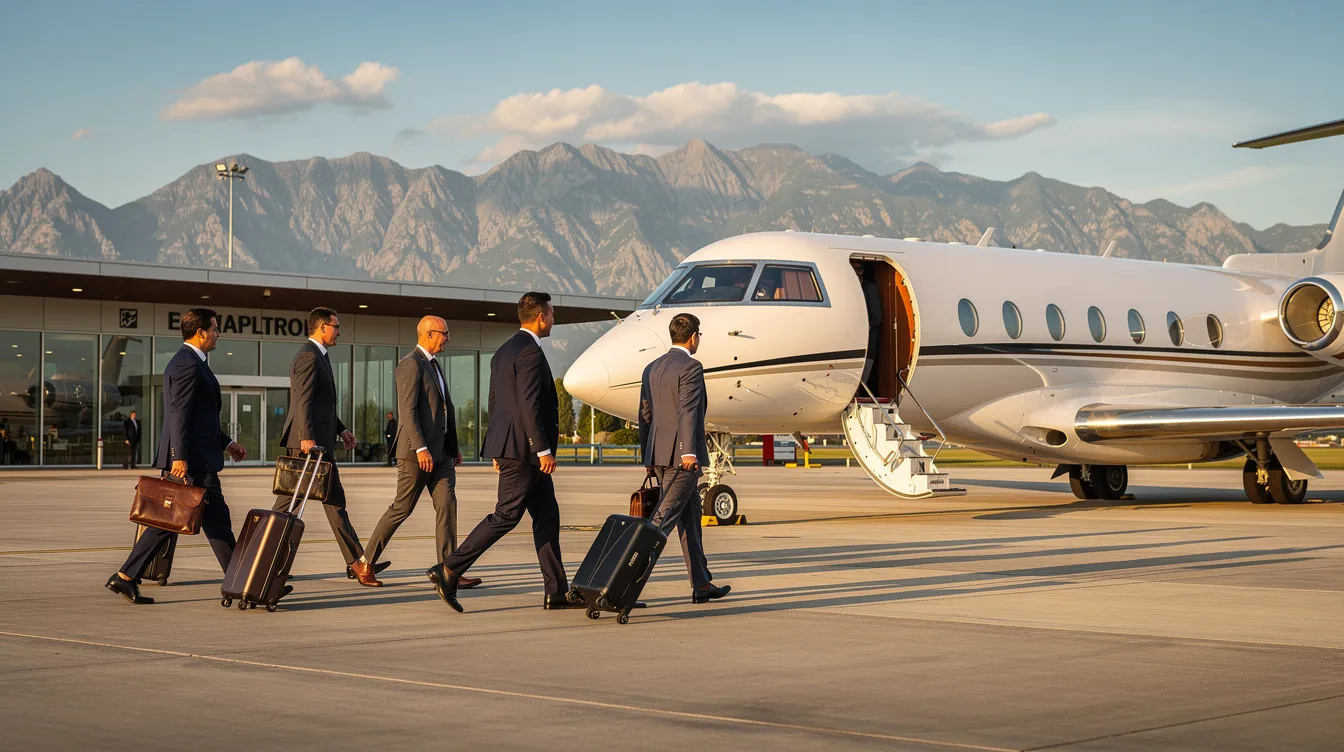 A group of business travelers in formal attire walks across the tarmac towards a large Boeing business jet parked at a private aviation terminal, with majestic mountains visible in the background. The scene highlights the elegance of commercial aviation and the convenience of private flights.