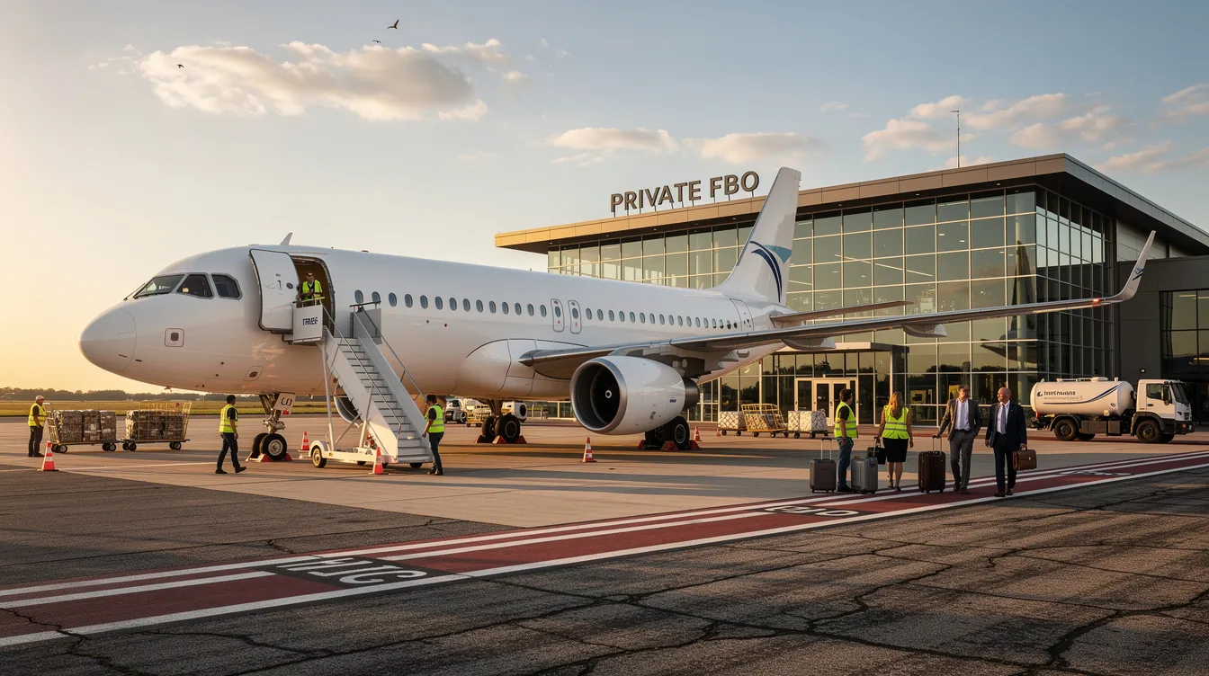 A large Boeing 737 jet is parked at a private FBO terminal, with ground crew members preparing for departure as passengers walk toward the aircraft. The scene captures the essence of commercial aviation, highlighting the efficiency and advanced technology of this best-selling commercial aircraft.