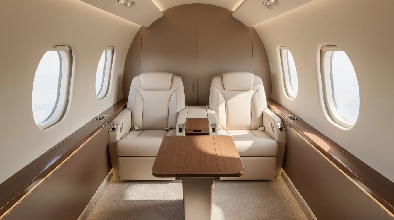 The image depicts the interior of a modern private jet cabin featuring cream leather seats arranged in a club configuration, illuminated by natural light streaming through large windows. This luxurious setting provides ample space and comfort for passengers, ideal for future travel plans.