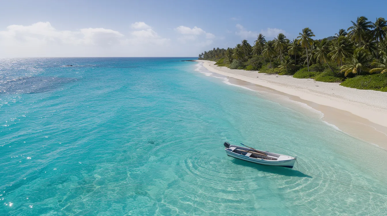 An aerial view captures a stunning turquoise Caribbean beach lined with lush palm trees, while a small boat gently floats in the clear waters, embodying the essence of a sun-soaked paradise perfect for future travel plans. This idyllic scene reflects the beauty of sun country destinations, inviting travelers to explore its serene shores.