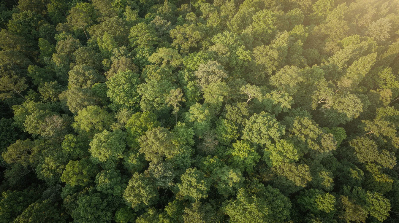 A lush green forest canopy is seen from above, with sunlight filtering through the dense leaves, creating a serene and vibrant atmosphere. The image captures the beauty of nature, reminiscent of popular destinations for travelers seeking tranquility, such as Orlando or Nashville.