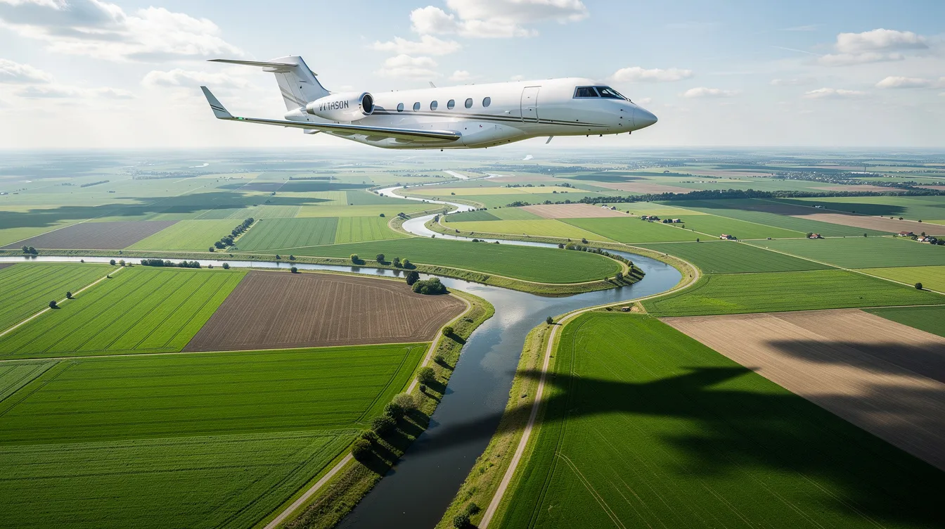 An aerial view captures a private jet soaring over a vibrant patchwork of green farmland and meandering rivers, showcasing the beauty of the landscape below. This scene evokes the essence of luxury travel, reminiscent of allegiant air flights connecting various destinations across the USA.