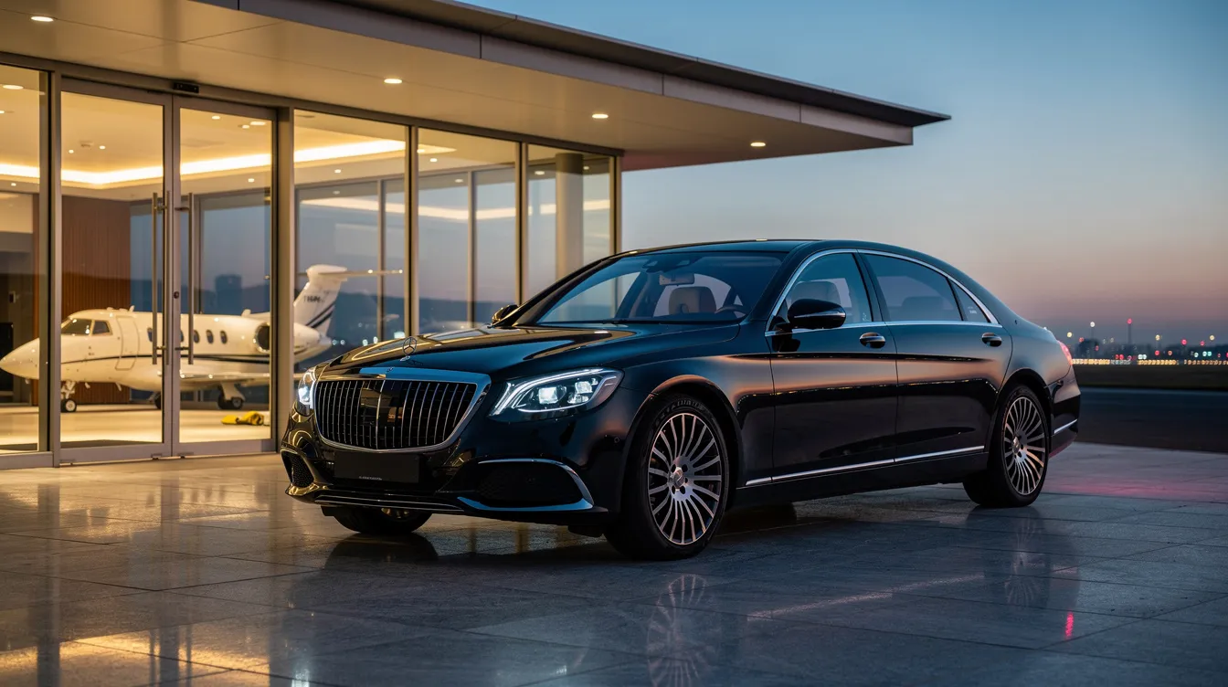 A sleek luxury car is parked outside a private aviation terminal, with a small jet visible through the glass doors, hinting at exclusive travel options like Allegiant Air flights to popular destinations such as Las Vegas and Orlando. The scene captures the essence of high-end travel and the convenience of private flight operations.