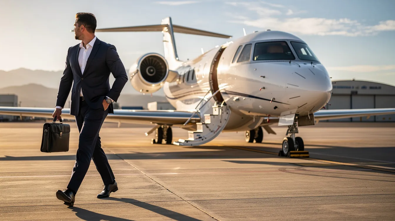 A business executive is walking confidently toward a sleek private jet on a sunny airfield, with the aircraft's polished fuselage gleaming in the sunlight. The scene captures the essence of luxury travel, highlighting the executive's journey to the skies, reminiscent of modern fighters like the F-16 Fighting Falcon.