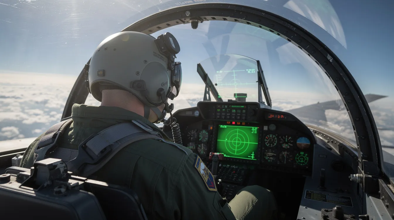 A military pilot sits in the cockpit of an F-16 Fighting Falcon, featuring a bubble canopy and a heads-up display that provides vital flight information. The cockpit is designed for precision strike capabilities, showcasing the advanced technology and controls typical of modern fighter aircraft used by the Israeli Air Force and the US Air Force.