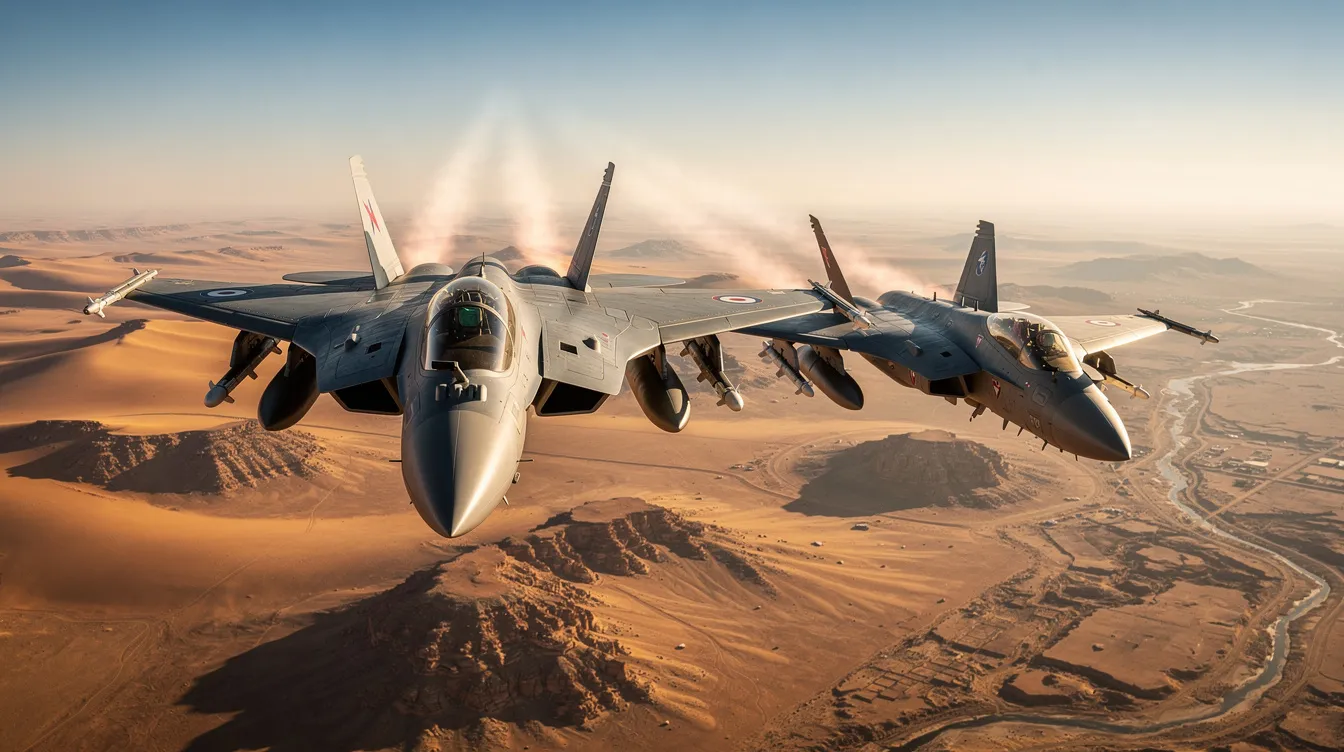 Two military fighter jets, specifically F-16 Fighting Falcons, are flying in formation above a vast desert landscape, showcasing their excellent flight control and supersonic speeds. The image captures the sleek fuselage and bubble canopy design of these modern fighters, emphasizing their role in air combat and precision strike missions.