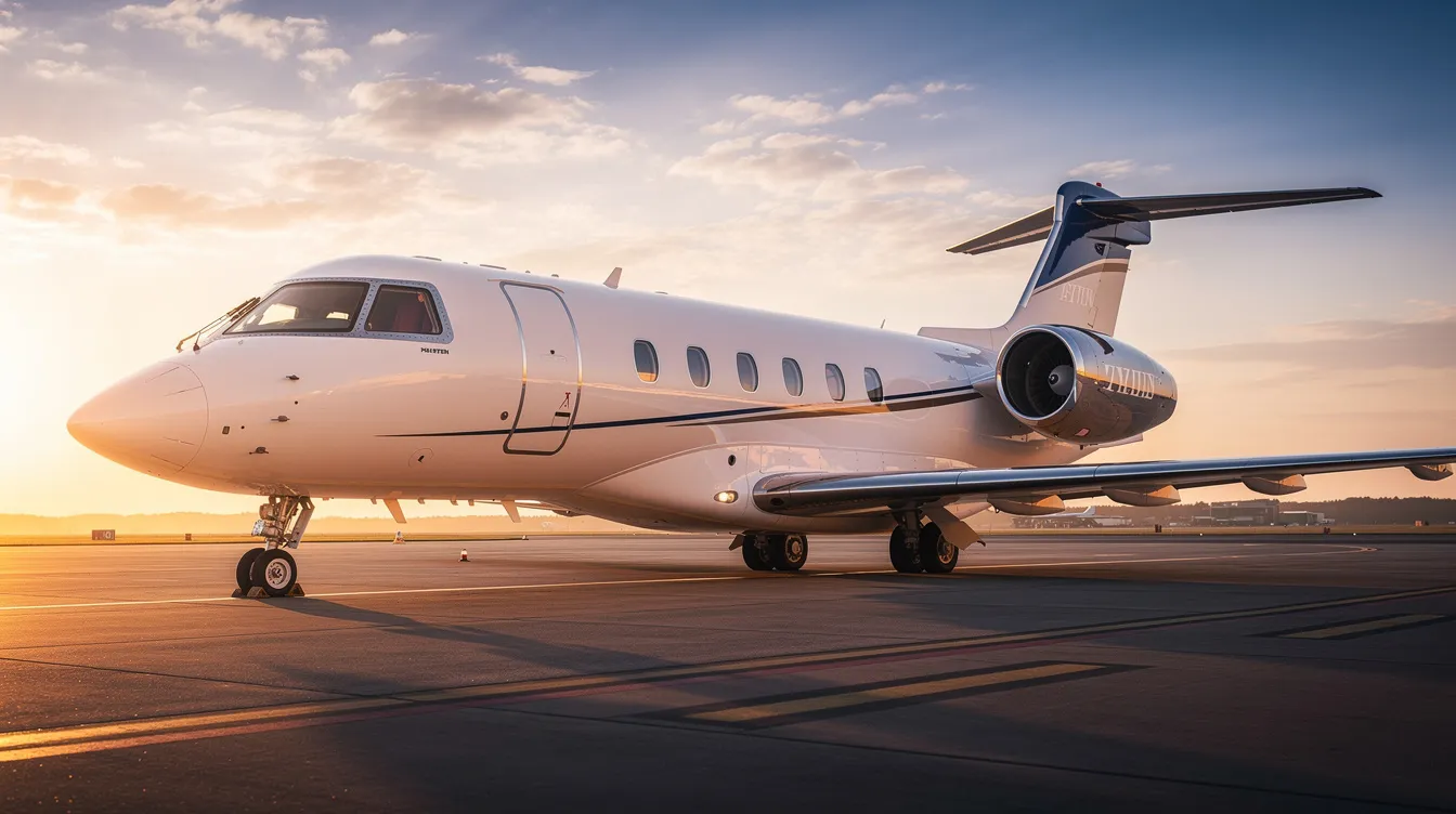 A sleek private jet, resembling modern fighters like the F-16 Fighting Falcon, is parked on a tarmac bathed in the warm hues of a golden hour sunset. The aircraft features a streamlined fuselage and a bubble canopy, showcasing its excellent flight control and precision strike capabilities.