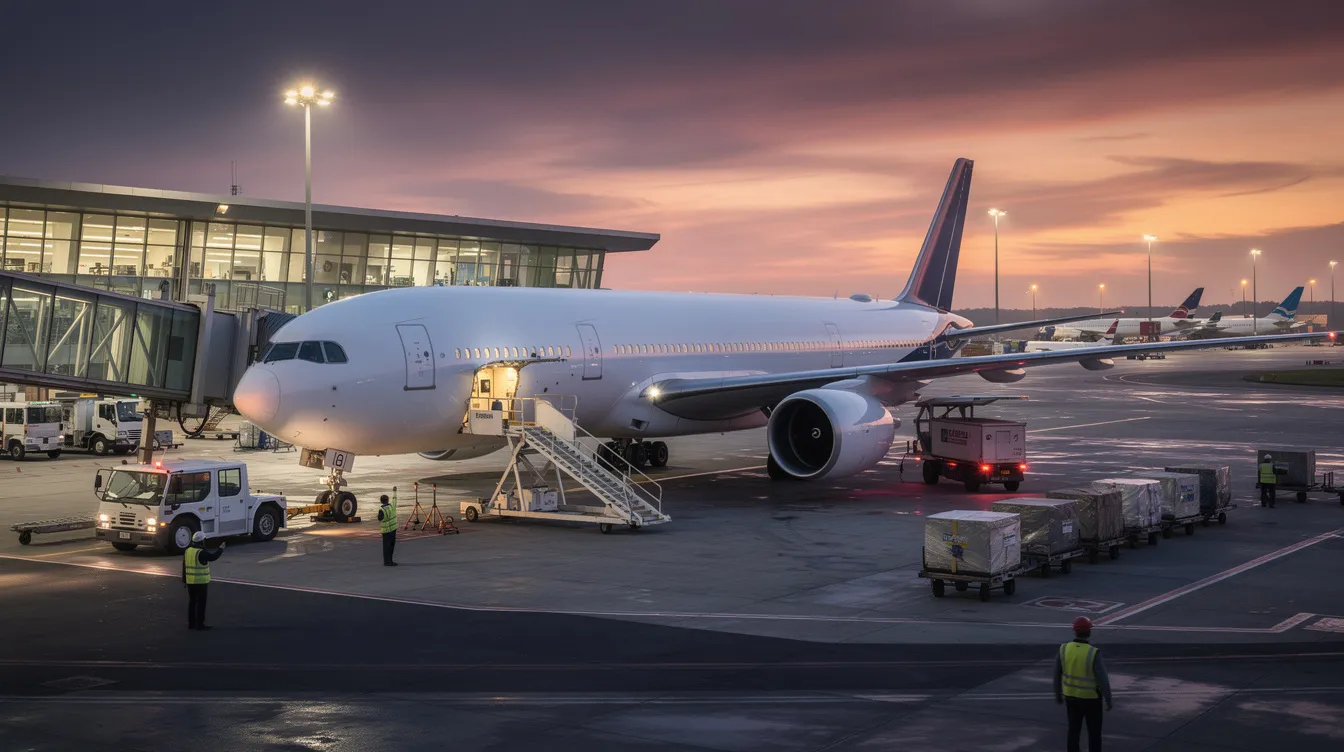 A Boeing 747 aircraft, specifically an Atlas Air passenger jet, is parked at a large international airport gate during dusk, surrounded by ground crew and service vehicles. The scene captures the bustling atmosphere of the airport, highlighting the aircraft's spacious cabin interiors and its role in the passenger charter market.