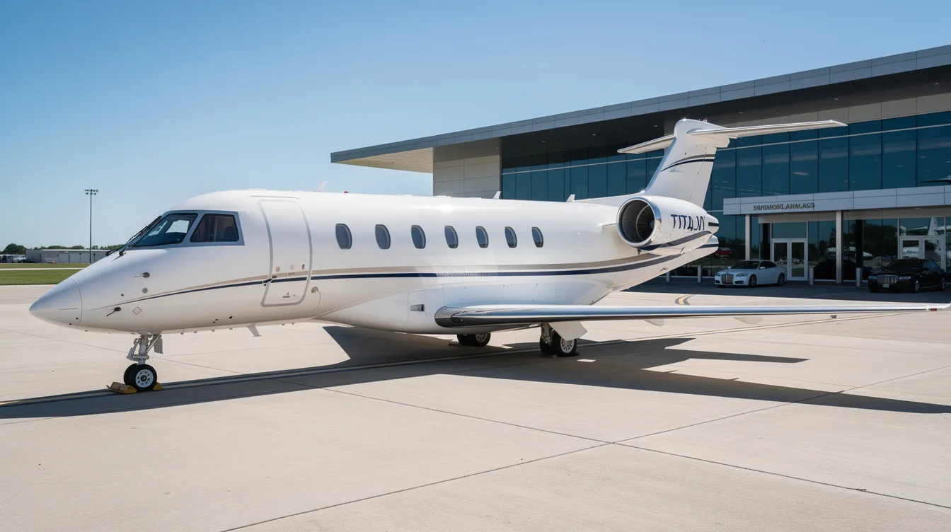A sleek mid-size private jet is parked on a tarmac at a private aviation terminal under a clear sky, showcasing its luxurious design and spacious cabin interiors. This aircraft, ideal for the passenger charter market, offers excellent comfort and privacy for travelers.