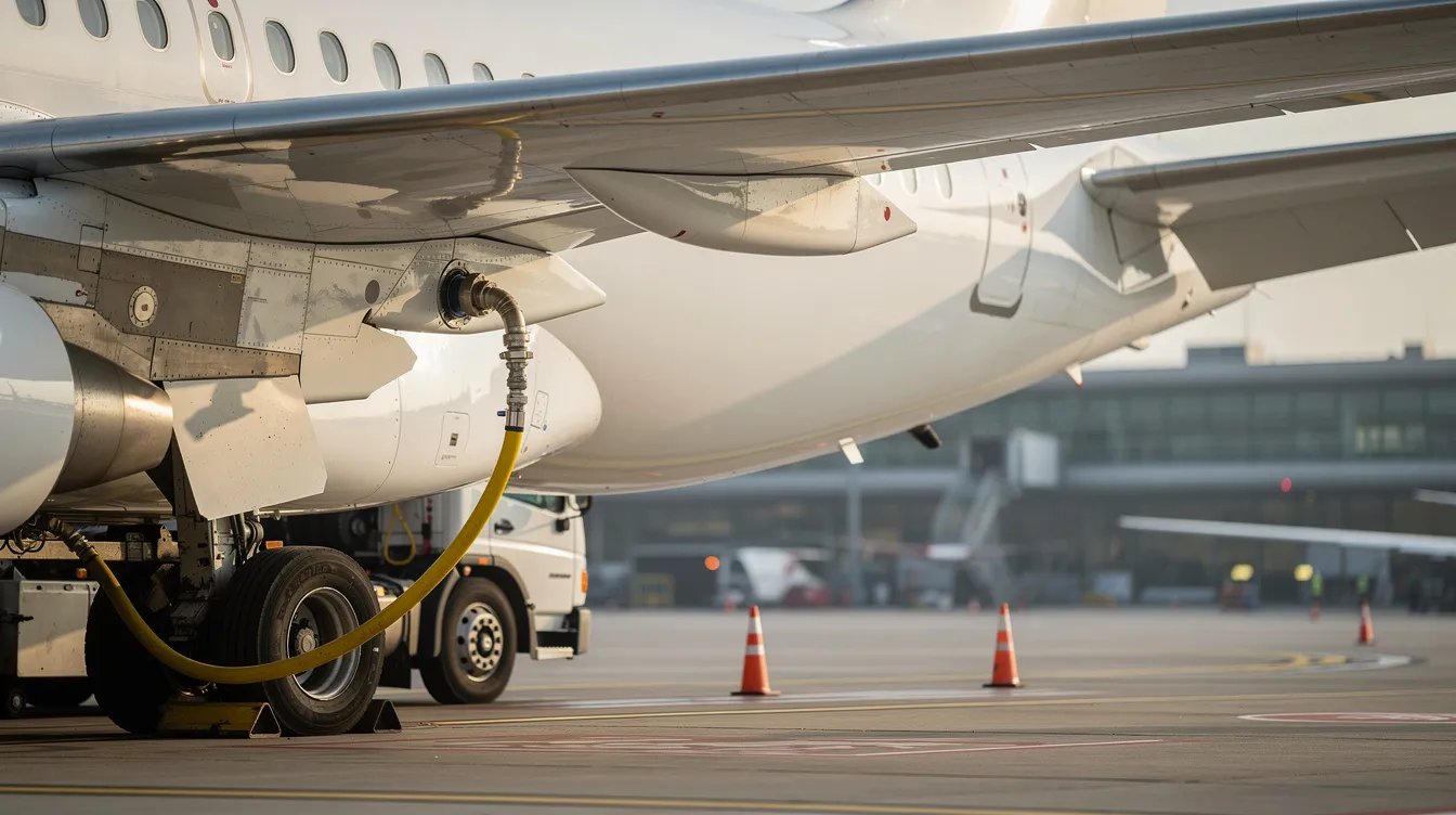 A close-up view of a commercial aircraft wing shows the refueling process on a tarmac, highlighting the wing tanks that hold jet fuel essential for long-distance flights. This image reflects the fuel efficiency of modern jets, such as the Boeing 737, which are designed to optimize fuel consumption and reduce overall fuel costs.