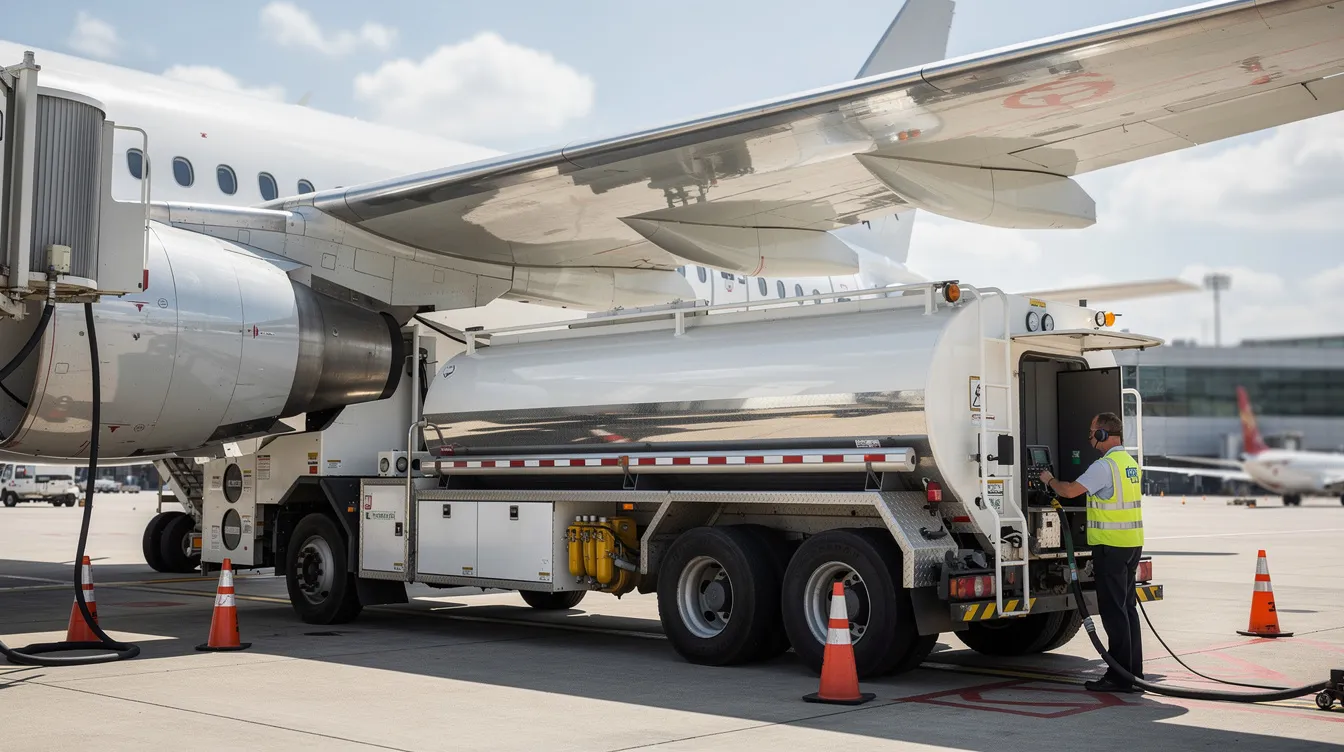 An airport fuel tanker truck is positioned beneath the wing of a parked commercial jet, refueling it with kerosene-based jet fuels. This scene highlights the importance of fuel efficiency in commercial aviation, as the aircraft prepares for its next flight with the necessary fuel load.