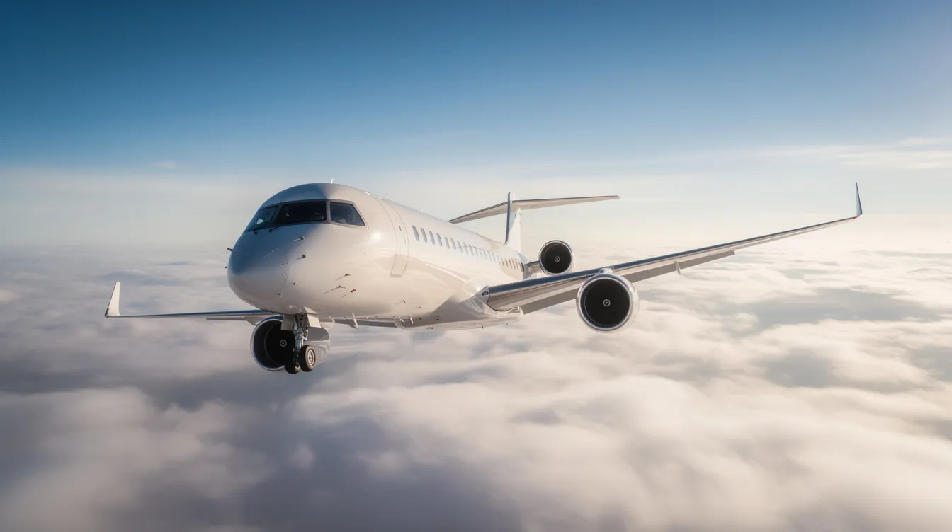 A sleek, modern private jet soars above a thick layer of clouds, set against a backdrop of clear blue sky. This aircraft exemplifies fuel efficiency, showcasing the advancements in aviation technology that allow for reduced fuel consumption during long-distance flights.