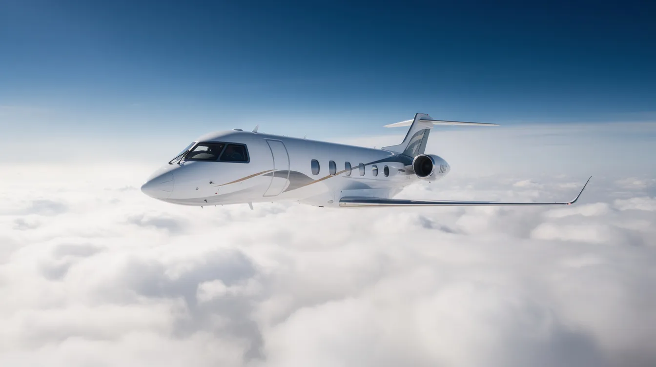 A sleek modern business jet is soaring above a thick layer of white clouds under a bright blue sky, showcasing the elegance of turbine-powered aircraft in civil aviation. The aircraft relies on high-performance jet fuel, such as Jet A or Jet A-1, ensuring optimal performance during its flight operations.