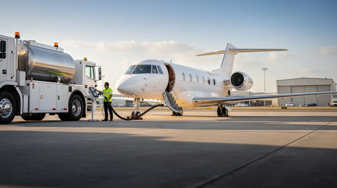 The image shows a private jet being refueled with aviation fuel on a sunlit airport tarmac, with a fuel truck parked alongside. This scene highlights the importance of jet fuel, specifically types like Jet A and Jet B, in ensuring the efficient operation of turbine engines in civil aviation.