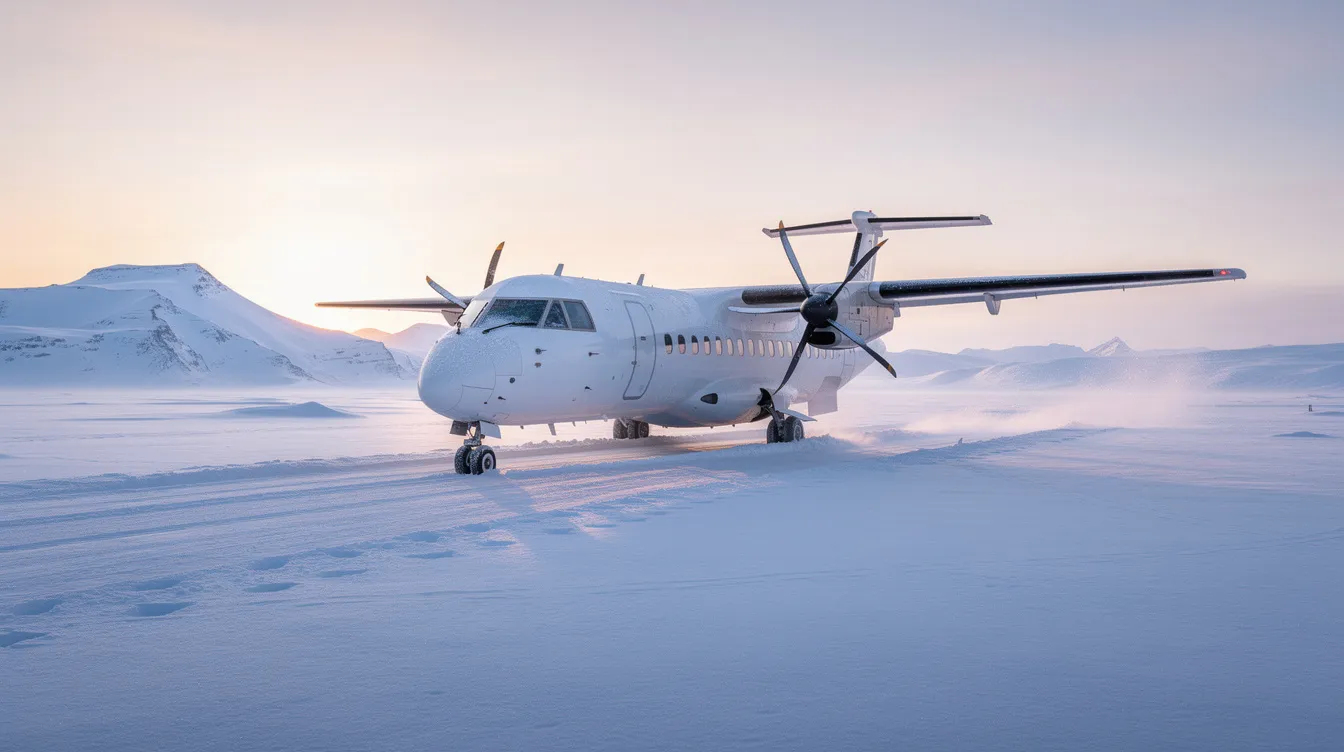 A turboprop aircraft is parked on a snow-covered runway surrounded by a stark Arctic landscape, highlighting the challenges of cold weather operations in aviation. The scene emphasizes the importance of specialized jet fuels with enhanced cold weather performance and lower freezing points for turbine engines in such extreme environments.