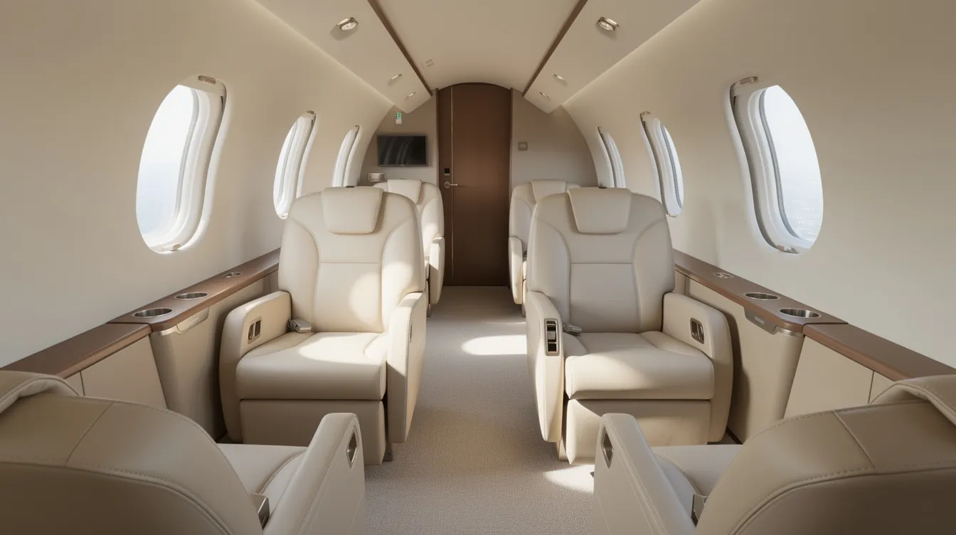 The image shows the interior of a luxurious private jet cabin featuring cream leather seats arranged in a club configuration, with natural light pouring in through oval windows, creating an inviting and spacious atmosphere for passengers. This elegant design highlights the comfort and efficiency expected from modern aircraft like the Boeing 737 Max family.