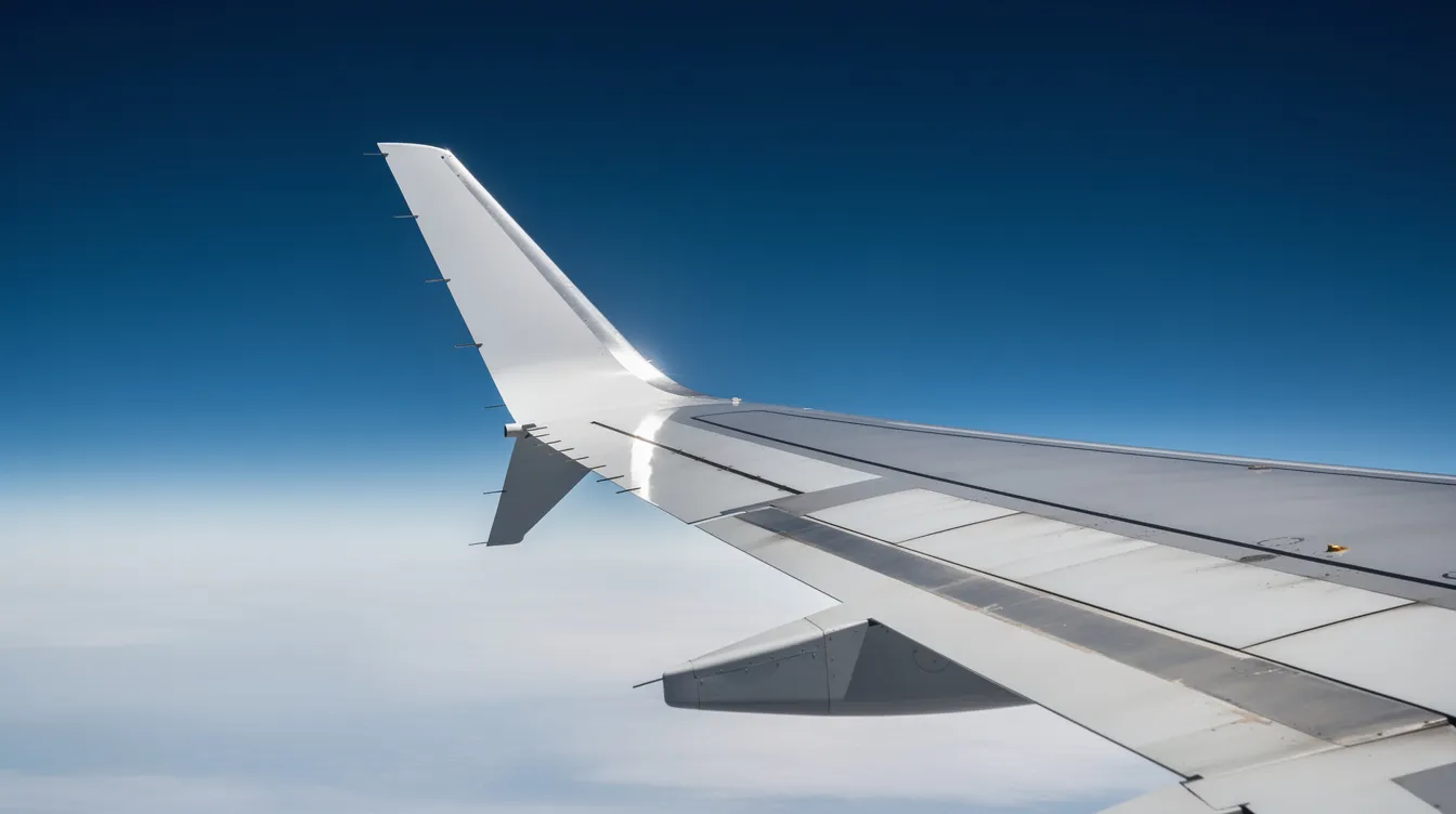 A close-up photograph showcases the wing of a Boeing 737 MAX 10, featuring a distinctive split winglet, set against a clear blue sky. This image highlights the aircraft's design efficiency and advanced aerodynamics, which are crucial for its performance and fuel burn efficiency during flight.