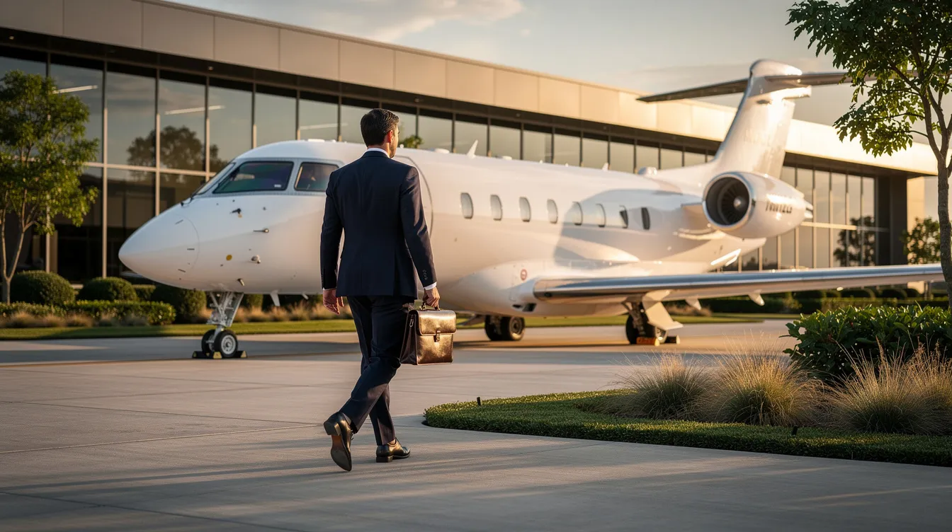 An executive approaches a sleek Boeing 737 Max 10 private jet parked at a quiet fixed-base operator terminal, surrounded by lush green landscaping. The scene reflects a sense of luxury and efficiency in aviation, highlighting the aircraft's modern design and capabilities.