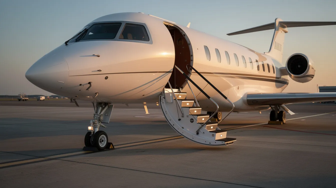 A sleek private jet is parked on a quiet tarmac, with its stairs extended and ready for boarding. The aircraft design showcases modern elegance, reflecting the luxury associated with private flying.