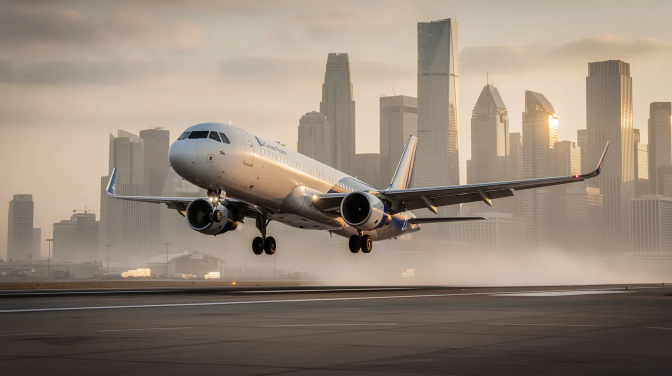 A modern narrow-body jet aircraft, resembling a Boeing 737, is lifting off from a runway with a vibrant city skyline in the background, symbolizing the efficiency and reliability of commercial airliners in connecting urban centers. The scene captures the excitement of flight as the aircraft ascends into the skies, ready to serve passengers on short haul routes.