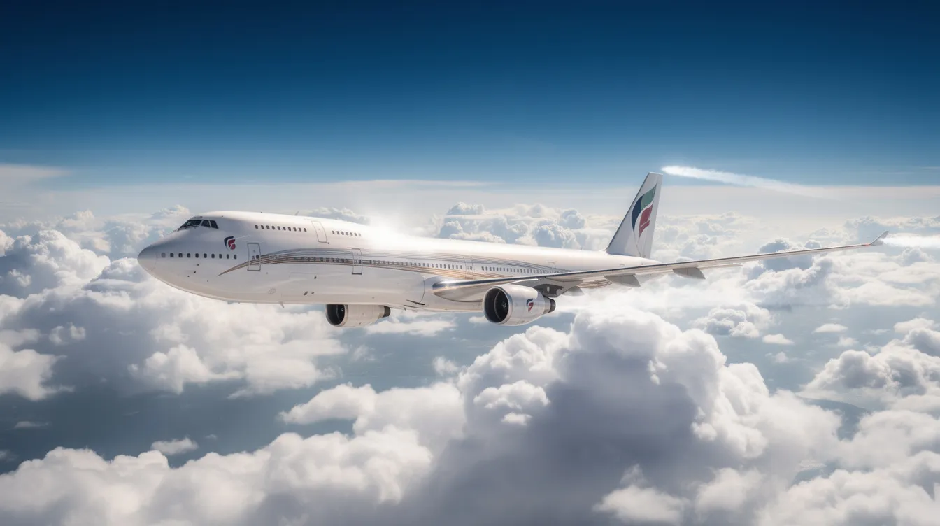 A large double-deck passenger aircraft, resembling a Boeing 747 or Airbus A330, gracefully soars above dramatic white clouds against a deep blue sky, showcasing the elegance of commercial aviation and the thrill of flight. This jumbo jet represents the efficiency and advanced aircraft design that many airlines rely on for long-haul routes.