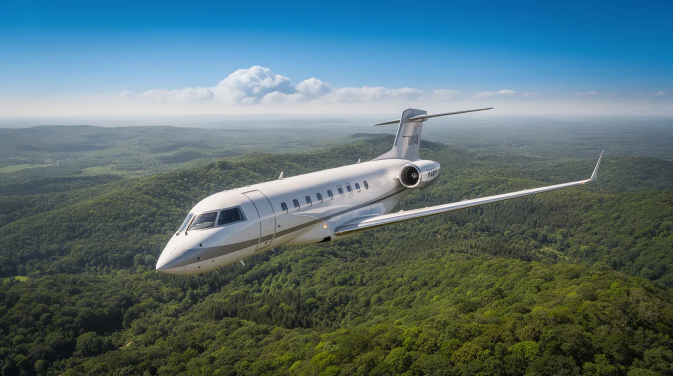 A sleek modern business jet is soaring through a clear blue sky above a lush green forested landscape, showcasing the elegance of private aviation. This image captures the essence of private jet travel, highlighting the freedom and convenience that comes with flying in a private aircraft.