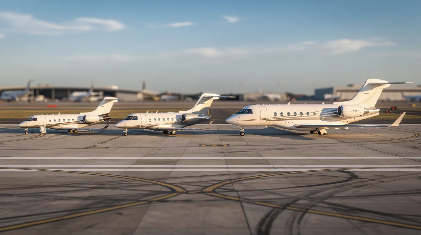 The image shows four private jets of varying sizes lined up on a spacious airport runway, illustrating the range of private jet travel options available, from light jets to ultra long-range aircraft. This arrangement highlights the diversity in private aircraft models within the private aviation industry.