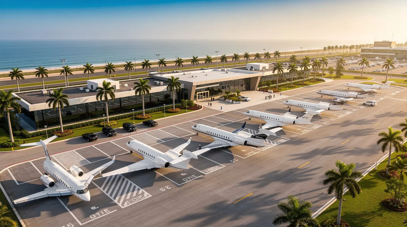 An aerial view captures a private aviation terminal bustling with several parked private jets, surrounded by lush palm trees in a warm climate. This scene highlights the luxury and convenience of private jet travel, showcasing the growth of the private aviation industry.