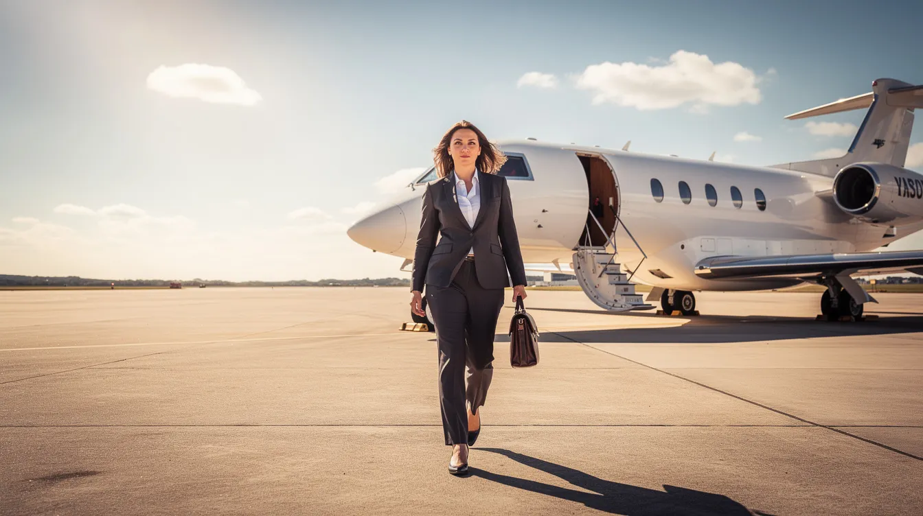 An executive in a tailored business suit strides confidently towards a private jet on a sunlit tarmac, embodying the essence of business travel and the benefits of owning aircraft for both personal and business purposes. The scene reflects the strategic decisions involved in aircraft ownership, such as tax deductions and fair market value considerations.