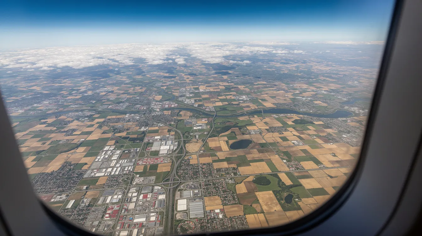 An aerial view captures a vibrant patchwork of farmland and urban areas as seen from an airplane window at high altitude, showcasing the diverse landscapes below. The scene illustrates the vast expanse of agricultural fields interspersed with city structures, highlighting the intricate relationship between rural and urban environments.