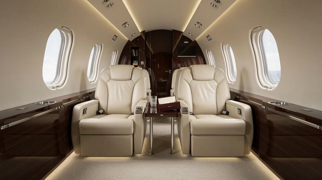 The image depicts the interior of a modern private jet cabin, featuring plush leather seats and elegant wood paneling, designed for comfort during business trips or personal flights. This luxurious space reflects the high standards of business aircraft ownership, where tax strategies and benefits related to aircraft expenses can be considered for maximizing cash flow.