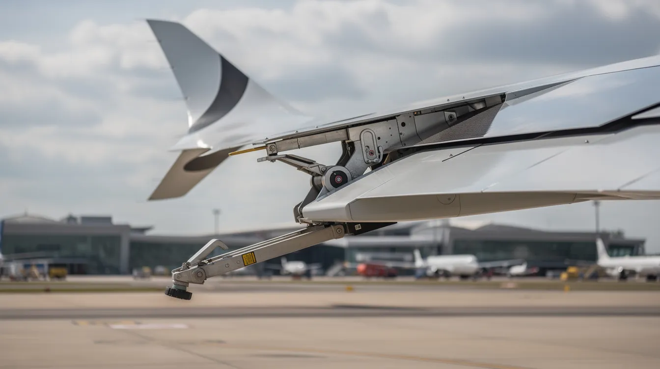 A close-up view of a large aircraft wing, specifically from a Boeing 777X, showcases the intricate folding wingtip mechanism, designed for improved aerodynamics and fuel efficiency. The image captures the wing's composite structure, emphasizing the advanced engineering that enhances the aircraft's performance on the airport ramp.