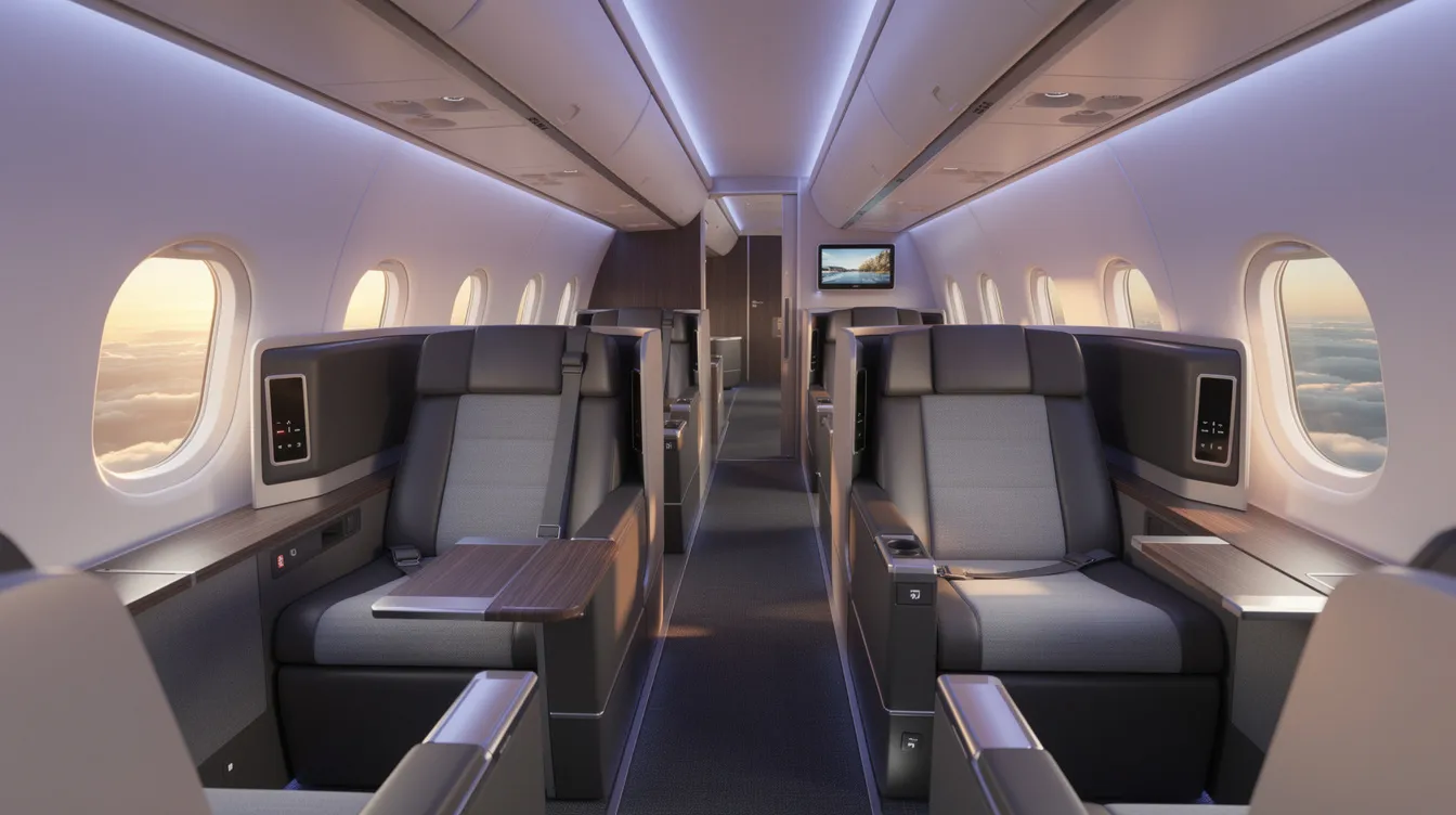 The image depicts the interior of a modern wide-body aircraft's business class cabin, featuring spacious seating pods, ambient mood lighting, and larger windows that enhance the overall passenger experience. The design includes thinner interior cabin walls and provides a luxurious atmosphere, ideal for long-haul flights on aircraft like the Boeing 777X.