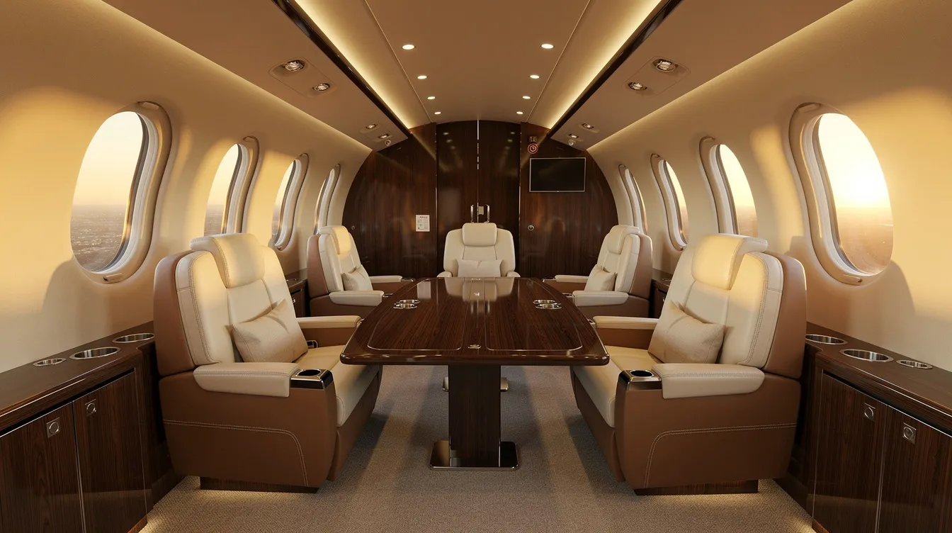 The image showcases a luxurious VIP aircraft interior featuring wide leather seating arranged around a conference table, complemented by warm ambient lighting that enhances the spacious cabin design. The interior boasts thinner cabin walls and greater cabin width, providing an elegant and comfortable flying experience.