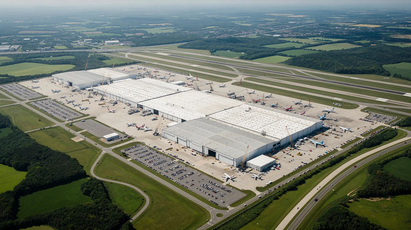 An aerial view of a massive industrial aircraft manufacturing complex, specifically Boeing's Everett Factory, is surrounded by lush green landscapes. The image showcases the expansive facility where various aircraft, including the iconic Boeing 747 and other passenger and cargo carriers, are assembled and tested.