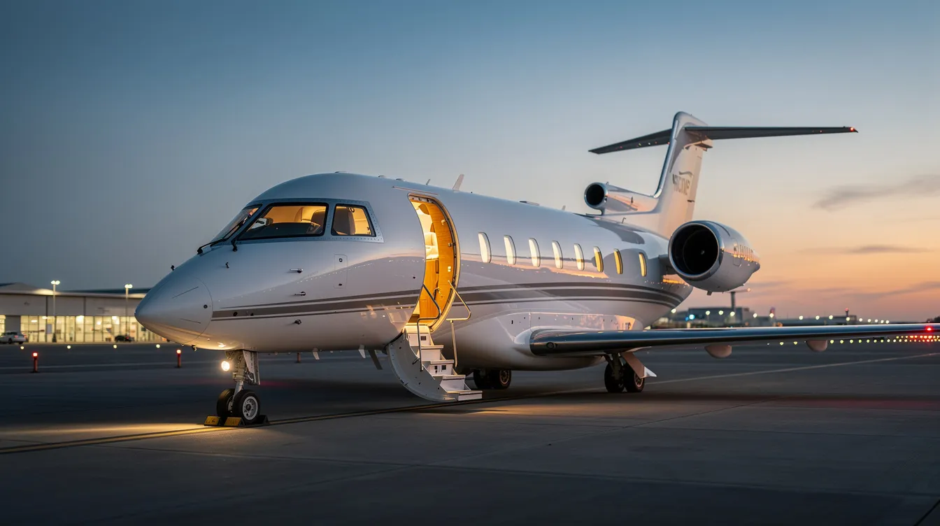 A sleek modern private jet is parked on a tarmac at dusk, with warm cabin lighting glowing through its windows, creating an inviting ambiance. The aircraft features a streamlined design typical of passenger aircraft, emphasizing luxury and comfort for its occupants.