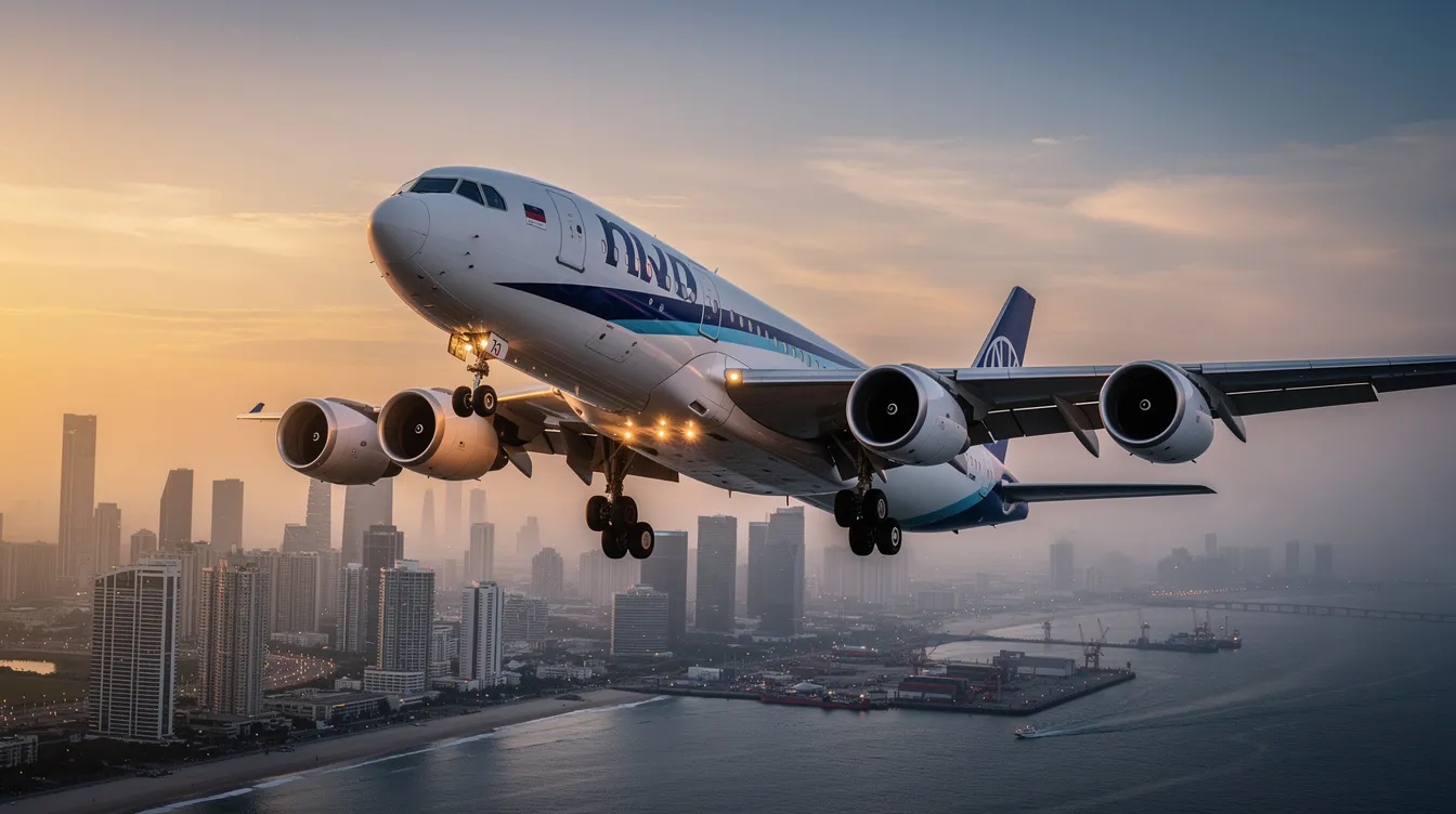 A Boeing 747 jetliner, known as the "queen of the skies," is approaching landing over a coastal city at sunset, showcasing its four wing-mounted engines and distinctive double-deck configuration. The vibrant colors of the sunset reflect off the aircraft's body, creating a stunning backdrop for this commercial aircraft as it prepares for passenger service.