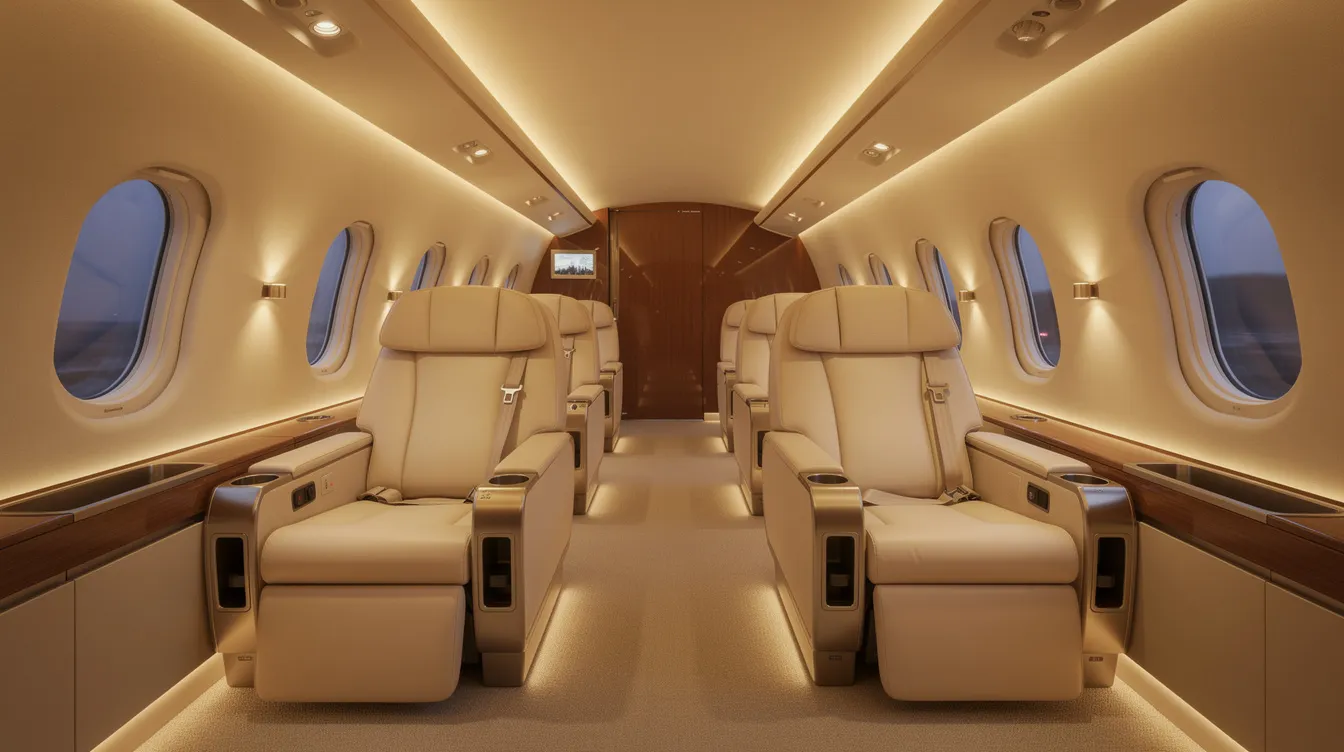 The image depicts the interior of a spacious Boeing 747 upper deck cabin, featuring wide leather seats arranged in a comfortable layout under warm lighting, creating an inviting atmosphere for passengers. This luxurious first-class cabin exemplifies the passenger comfort and spacious design of the aircraft's upper deck.