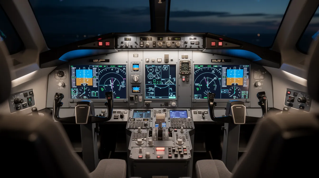 The image features a close-up view of a modern business jet cockpit, showcasing illuminated avionics displays and dual pilot stations, emphasizing the advanced technology and safety standards essential for private aviation. This setup is designed to enhance the efficiency and safety of private jet pilots during flight operations.