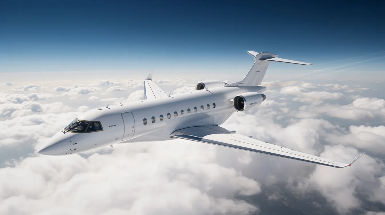 A sleek white business jet soars high above a blanket of fluffy clouds, set against a clear blue sky, showcasing the elegance of private aviation. This image highlights the advanced technology and safety standards that make private jets an incredibly safe choice for travelers.