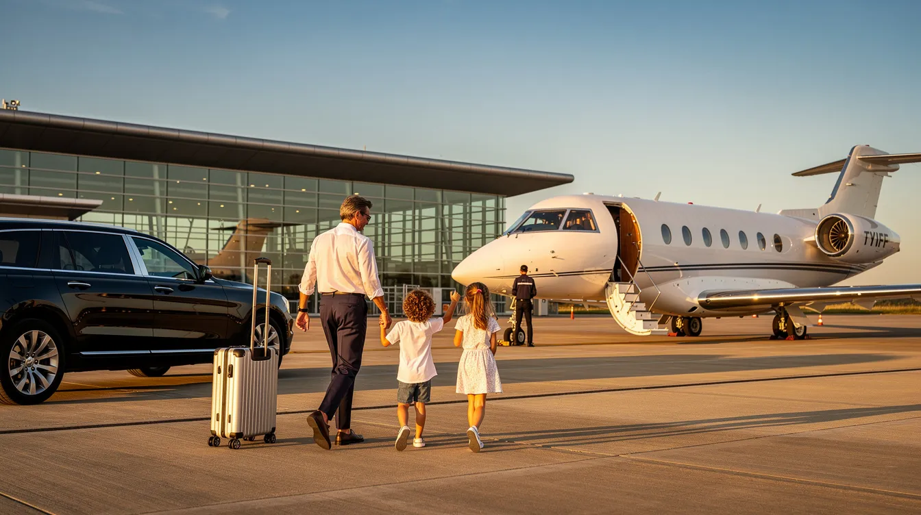 A family with children is walking toward a private jet at a private aviation terminal on a sunny day, showcasing the convenience and luxury of private flights. The scene highlights the family-friendly aspect of private jet travel, as they prepare for a journey with experienced pilots ensuring passenger safety and comfort.